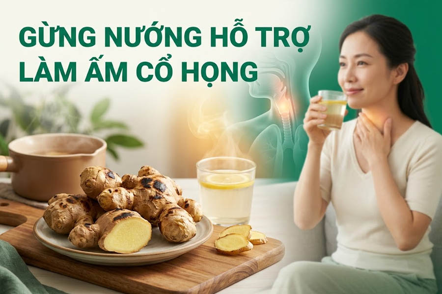 Gừng nướng hỗ trợ làm ấm cổ họng