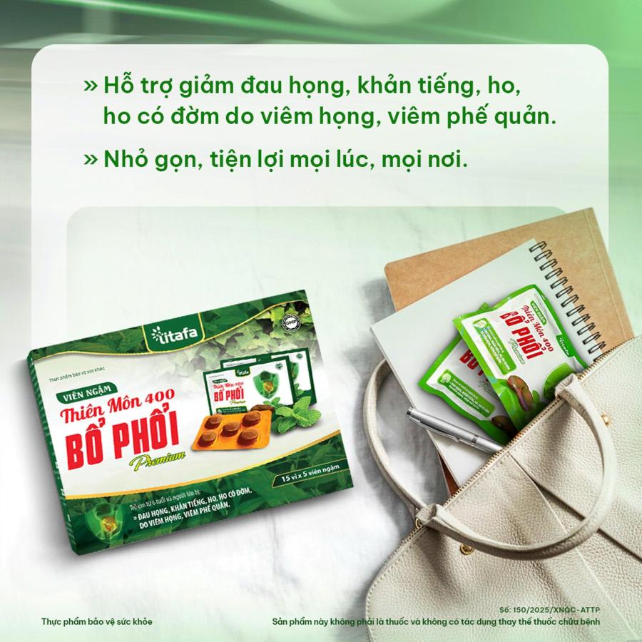 Hỗ trợ giảm ho bổ phổi với Viên ngậm Thiên Môn 400 Bổ Phổi Premium Titafa