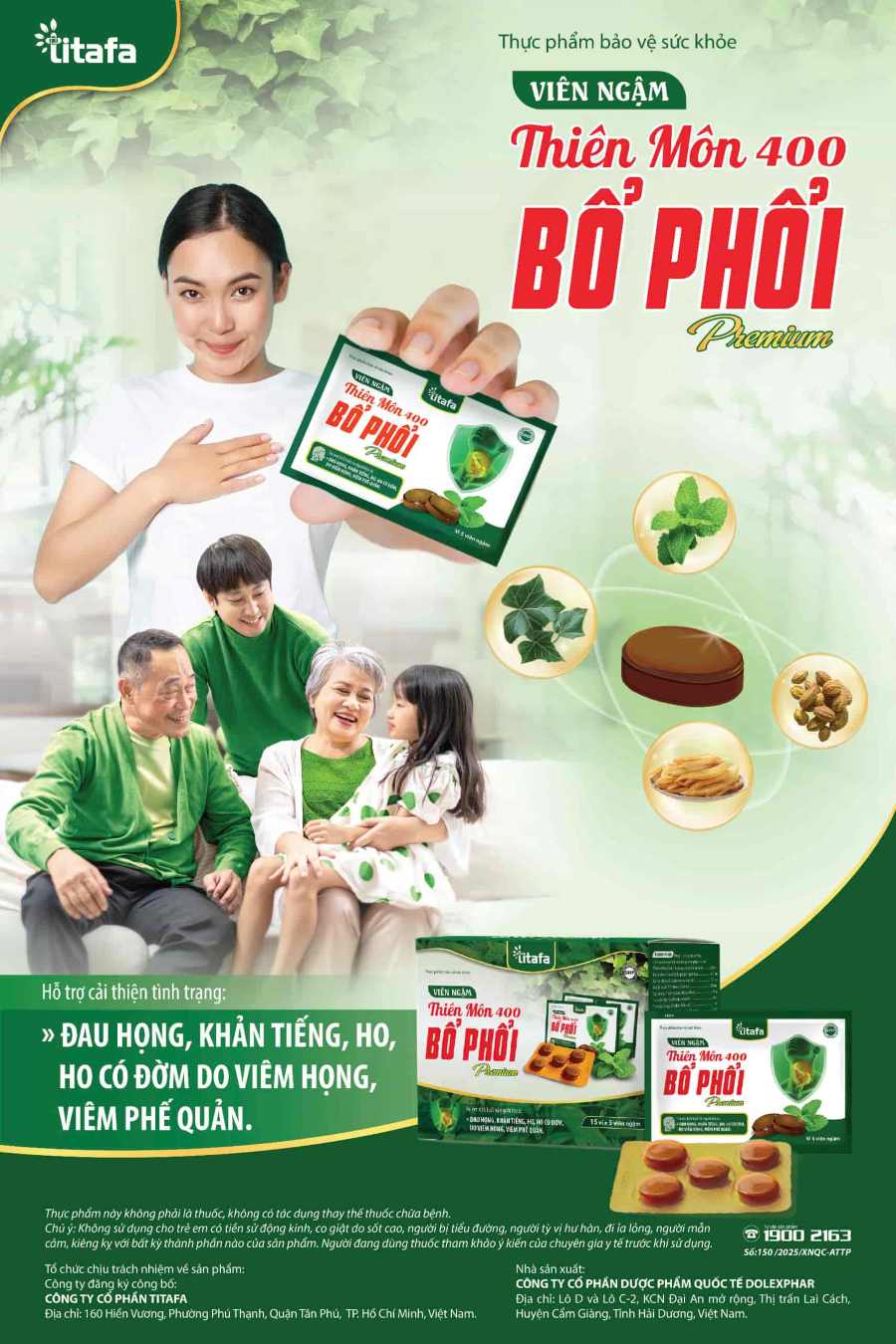 Hỗ trợ giảm ho, bổ phổi với Viên ngậm Thiên Môn 400 Bổ Phổi Premium Titafa