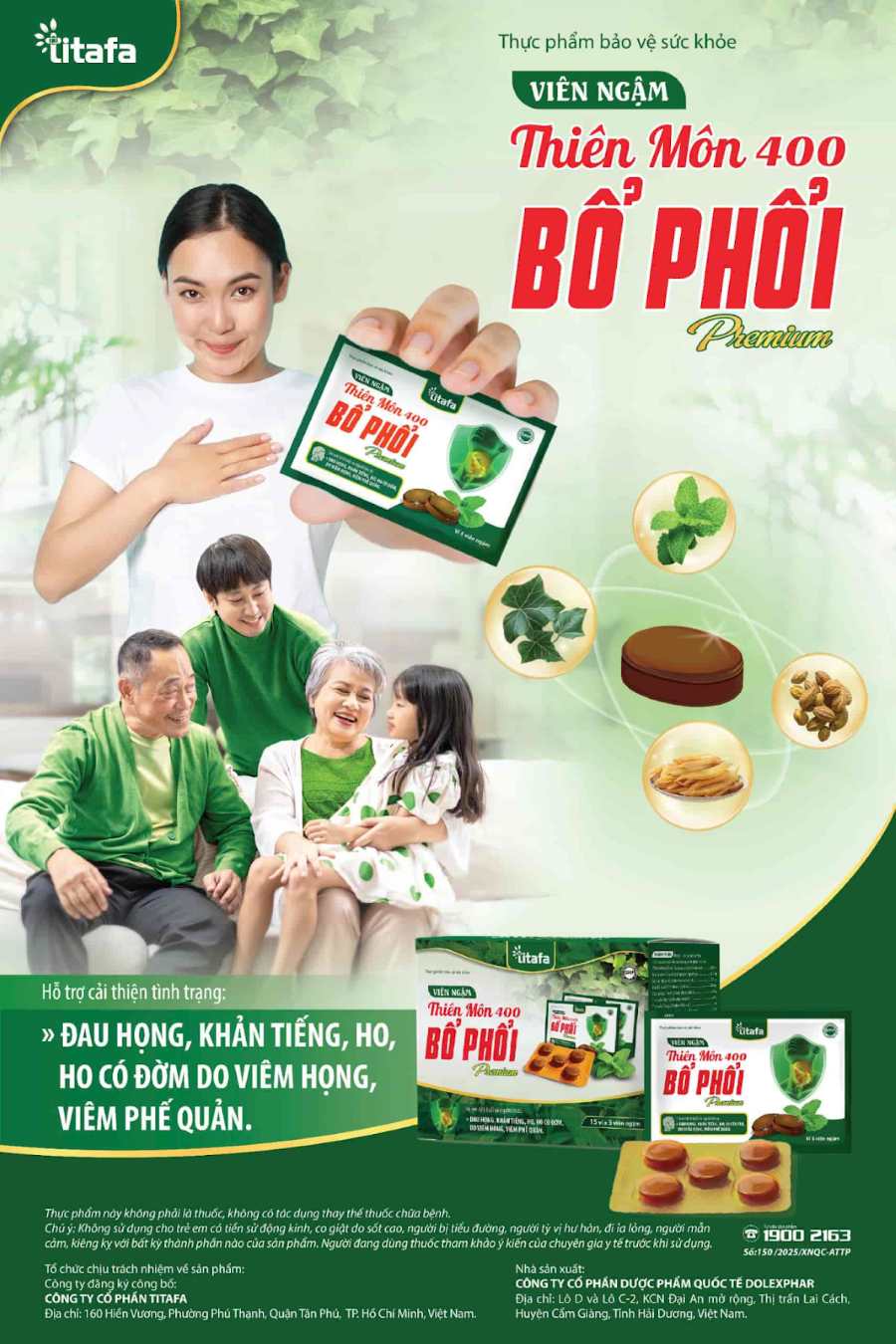 Viên ngậm Thiên Môn Bổ Phế Premium hỗ trợ giảm ho