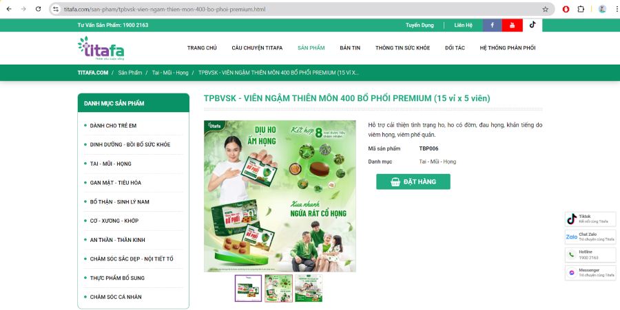 Mua Viên Ngậm Thiên Môn 400 Bổ Phổi Premium trực tiếp trên website Titafa